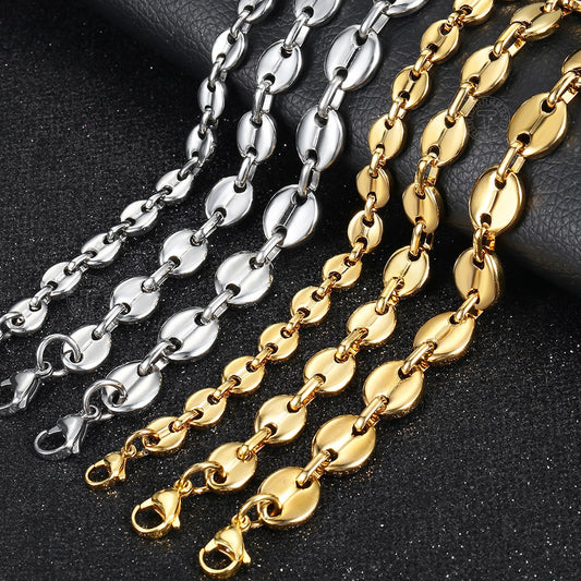 Coffee Beans Link Chain Bracelet  7/9/11mm Stainless Steel Gold Silver
