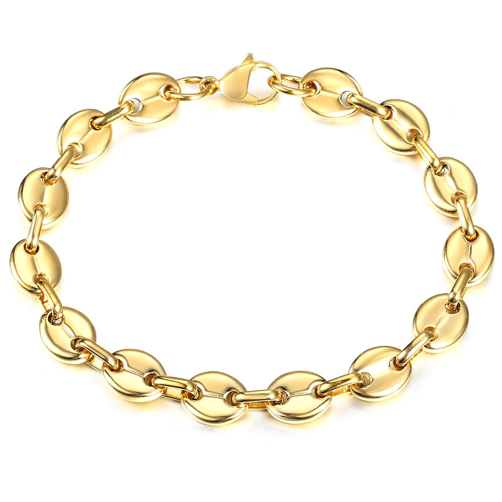 Coffee Beans Link Chain Bracelet  7/9/11mm Stainless Steel Gold Silver