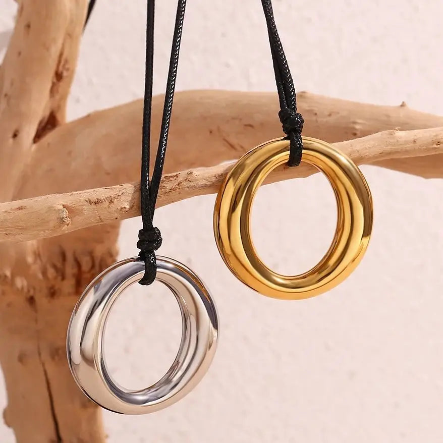 O-shaped Circular 18K Gold Plated Pendant with Black Rope Necklace