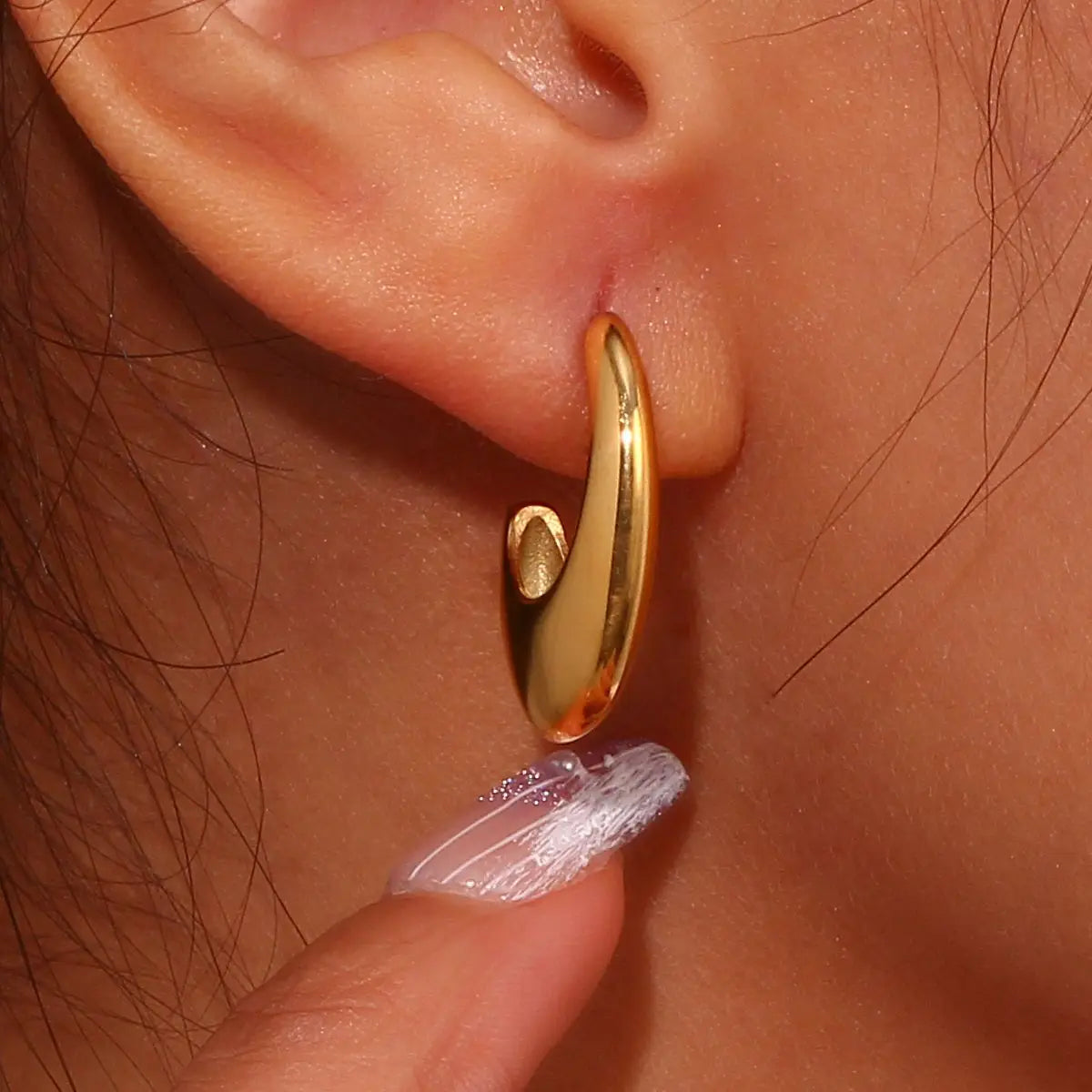 J Shape Hollow Glossy 23mm Long Golden Stud Earrings