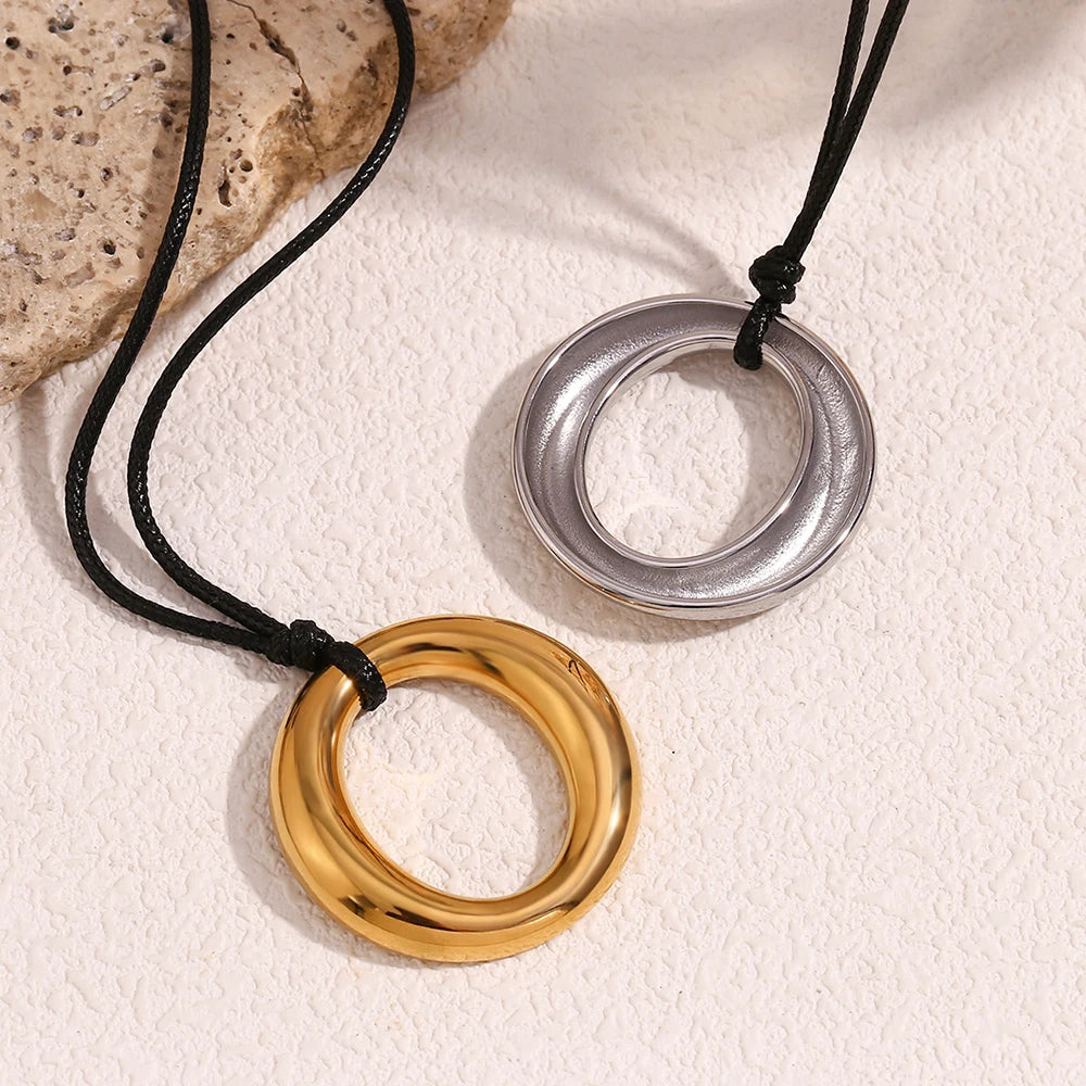 O-shaped Circular 18K Gold Plated Pendant with Black Rope Necklace