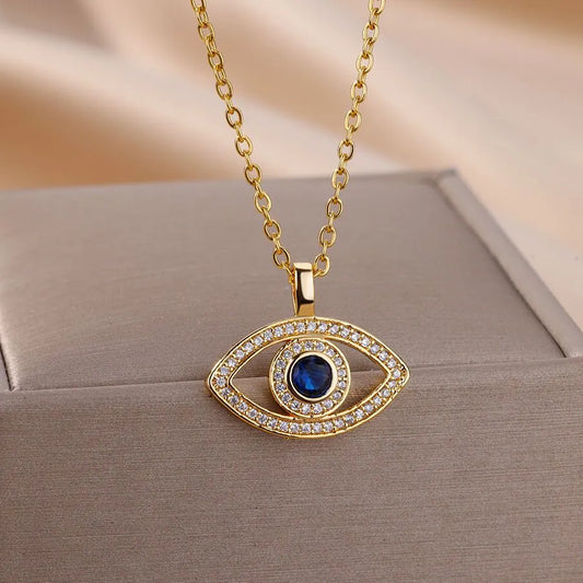 Evil Eye Zircon Blue Necklace in Gold
