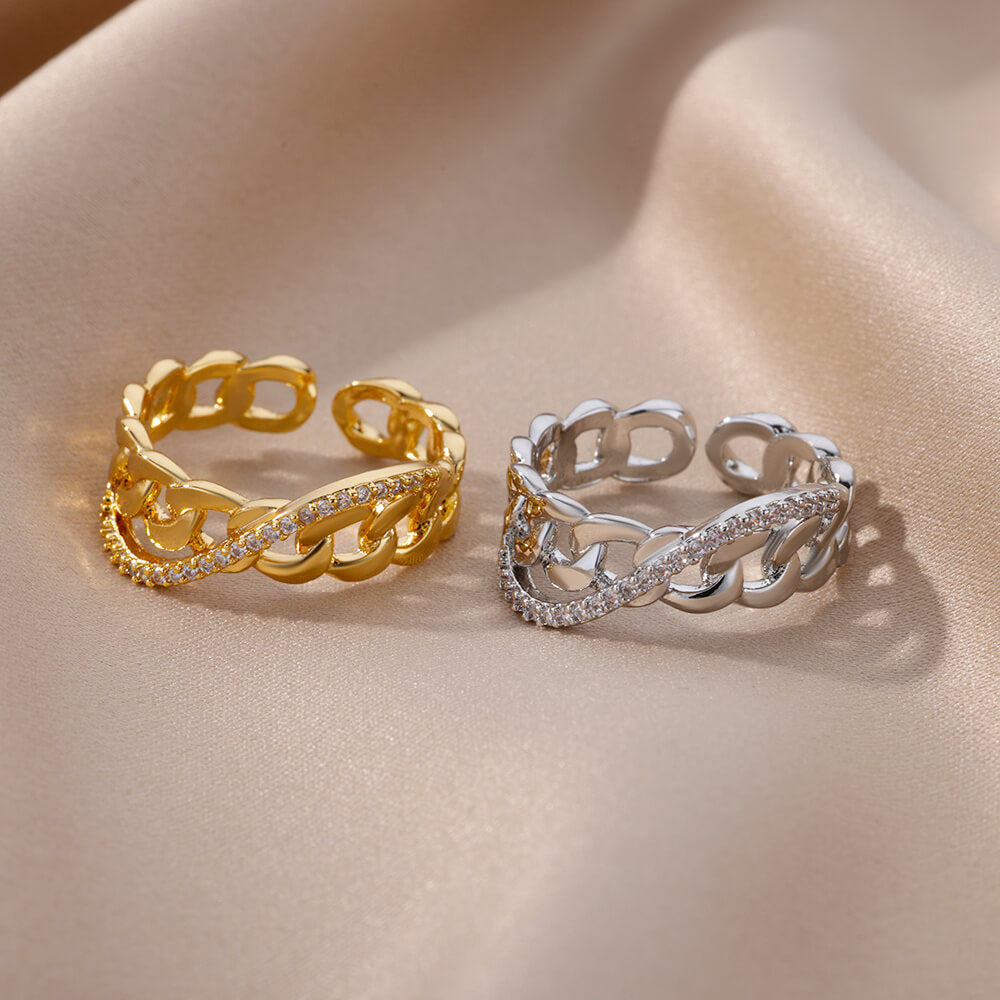 Gold Plated Stainless Steel Zircon Chain Ring