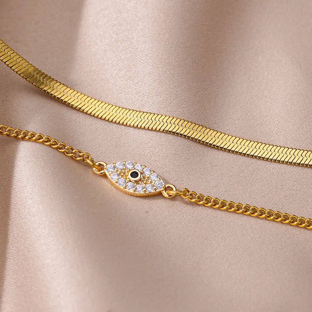 Double Chain Gold Plated Stainless Steel Anklet Bracelet With Cubic Zirconia