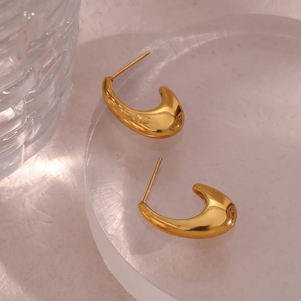J Shape Hollow Glossy 23mm Long Golden Stud Earrings
