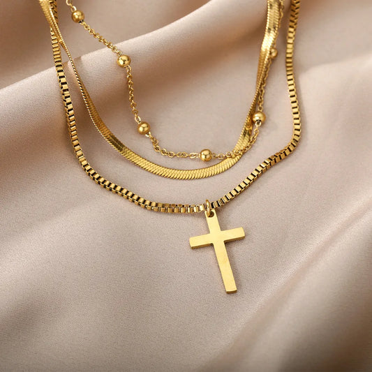 Gold Plated Stainless Steel Multi layered Cross Pendant Necklace