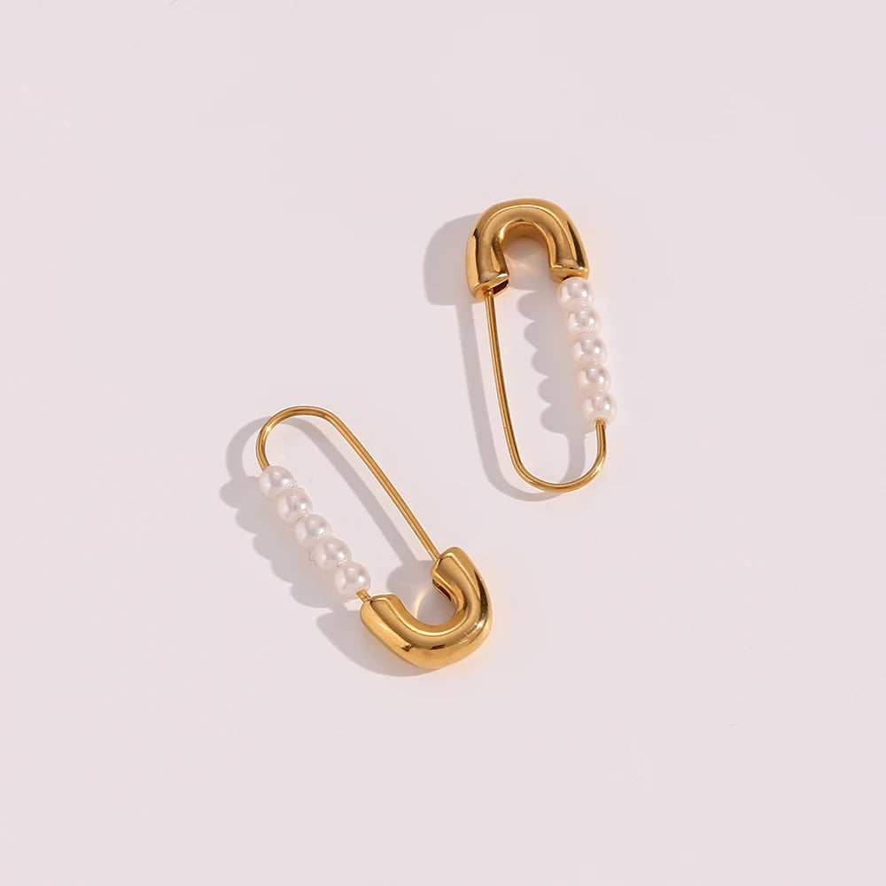 Dainty Stainless Steel Safety Pin Pearl18k Gold Plated Earrings