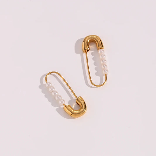 Dainty Stainless Steel Safety Pin Pearl18k Gold Plated Earrings