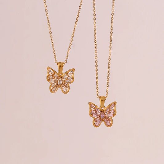 Bright Pink or Clear Crystal Zircon Butterfly Pendant Necklace