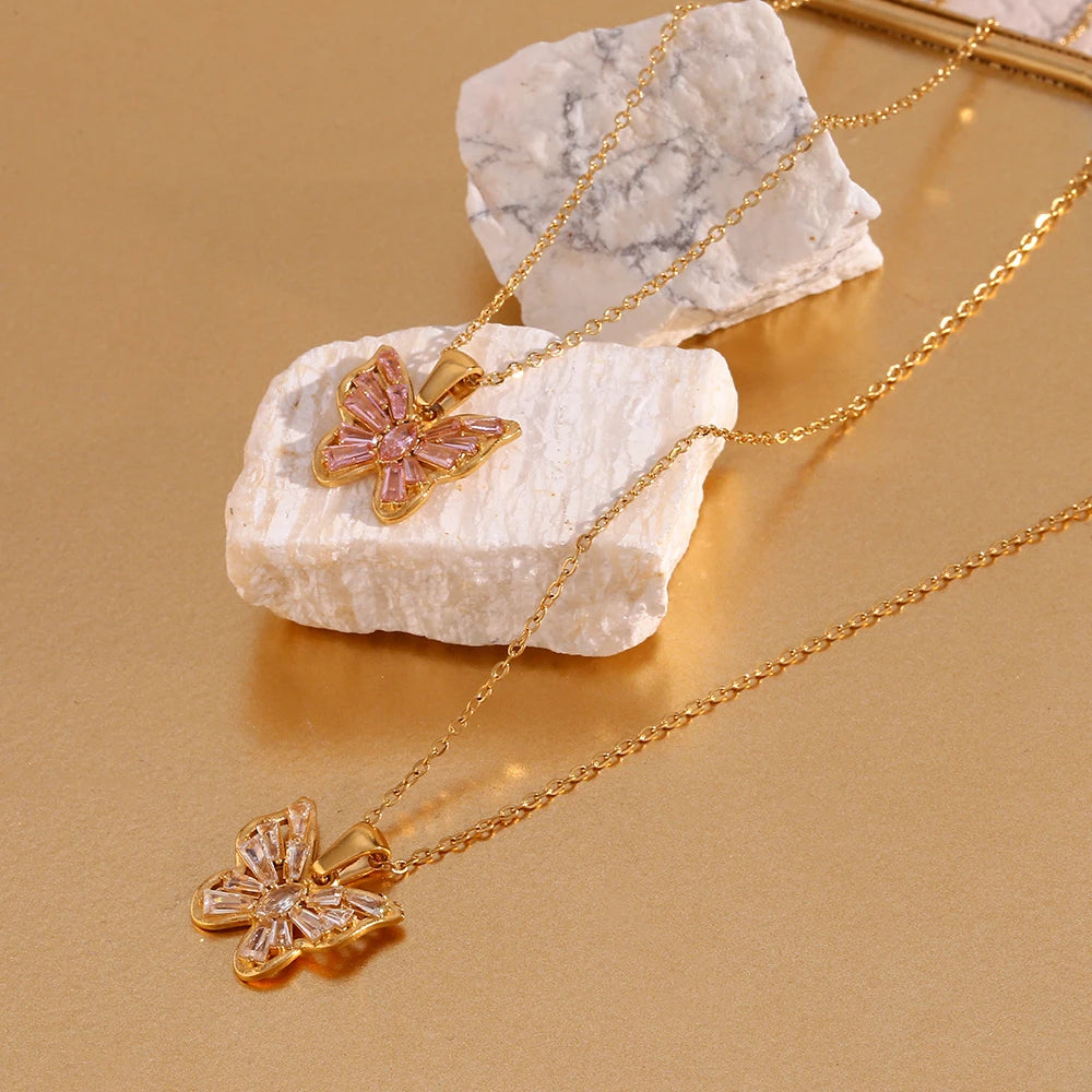 Bright Pink or Clear Crystal Zircon Butterfly Pendant Necklace