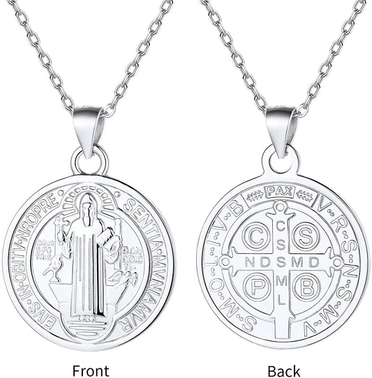 Saint Benedict Necklace 925 Sterling Silver Round Pendant