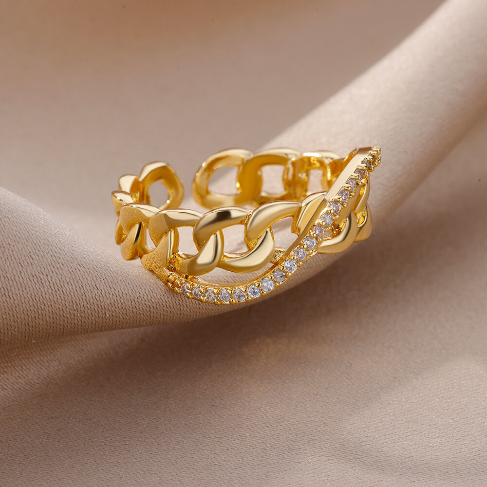 Gold Plated Stainless Steel Zircon Chain Ring