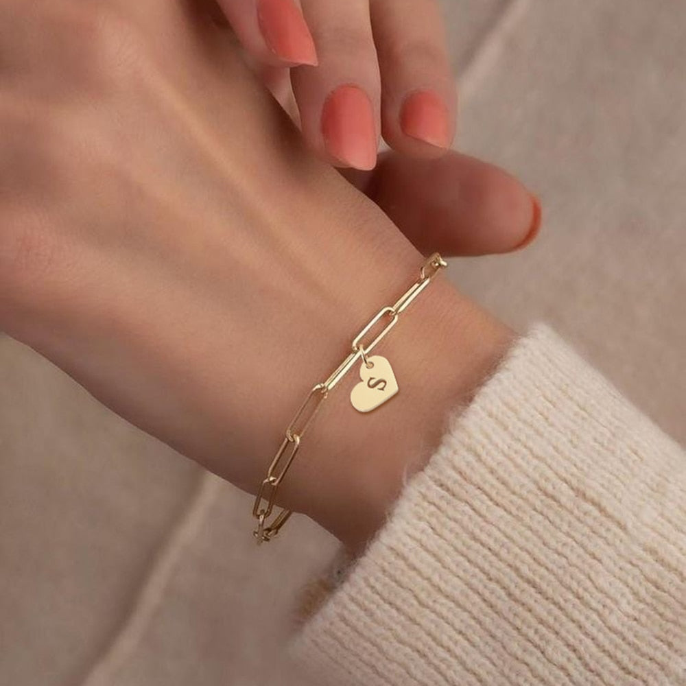 Gold Plated Initial Letter Bracelet Stainless Steel Chain